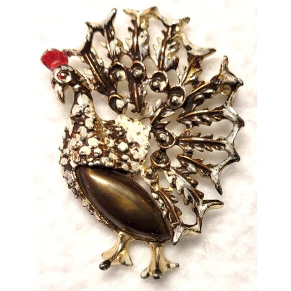 Turkey Brooch Pin 2" Goldtone White Enamel Holiday Thanksgiving Xmas Vintage - Picture 1 of 5